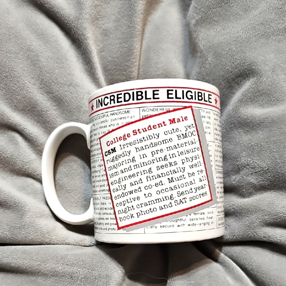 Vintage 1988 Russ Mug College Student Male Incredibly Elligible Humor Graduation